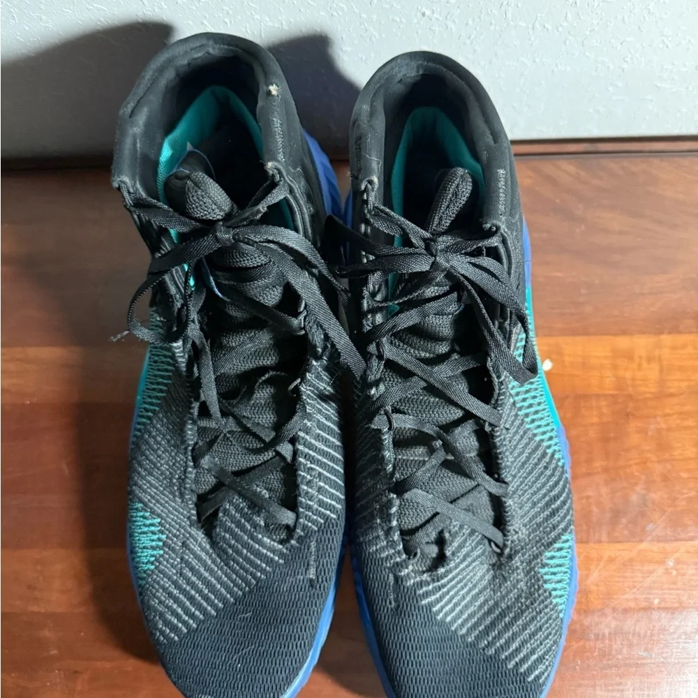 Men’s 12.5 Black/Green/Blue Adidas Hightop Athletic Lace Up Basketball Shoes